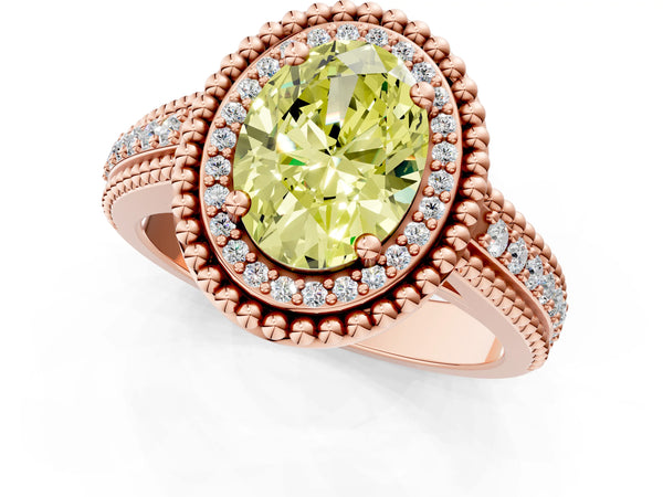 Rose Gold Oval Beaded Halo Engagement Ring Setting for Fancy Yellow Center with Pave