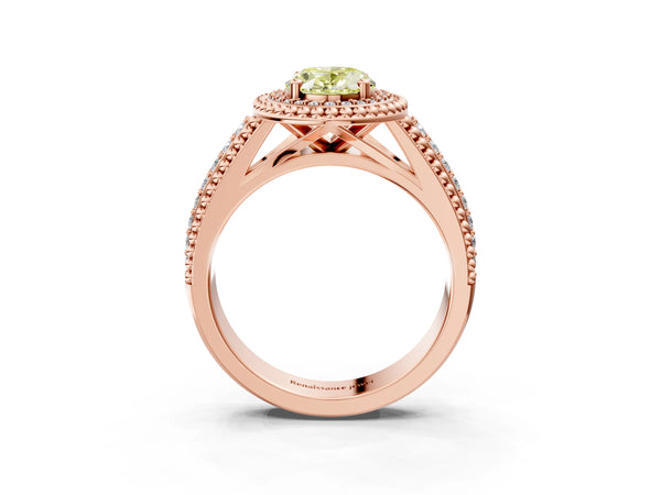 Rose Gold Oval Beaded Halo Engagement Ring Setting for Fancy Yellow Center with Pave