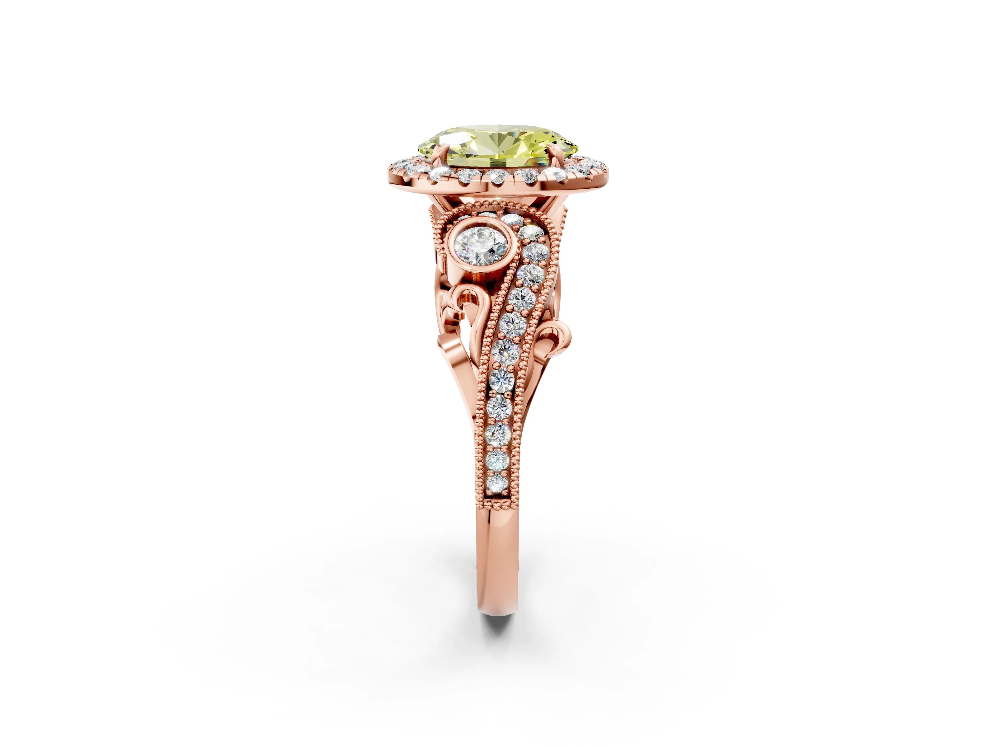 Rose gold Fancy Yellow Oval Cut Halo Diamond Ring with Milgrain and Bezel Accents on a Split Shank Band_2