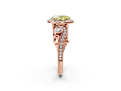 Rose gold Fancy Yellow Oval Cut Halo Diamond Ring with Milgrain and Bezel Accents on a Split Shank Band_2