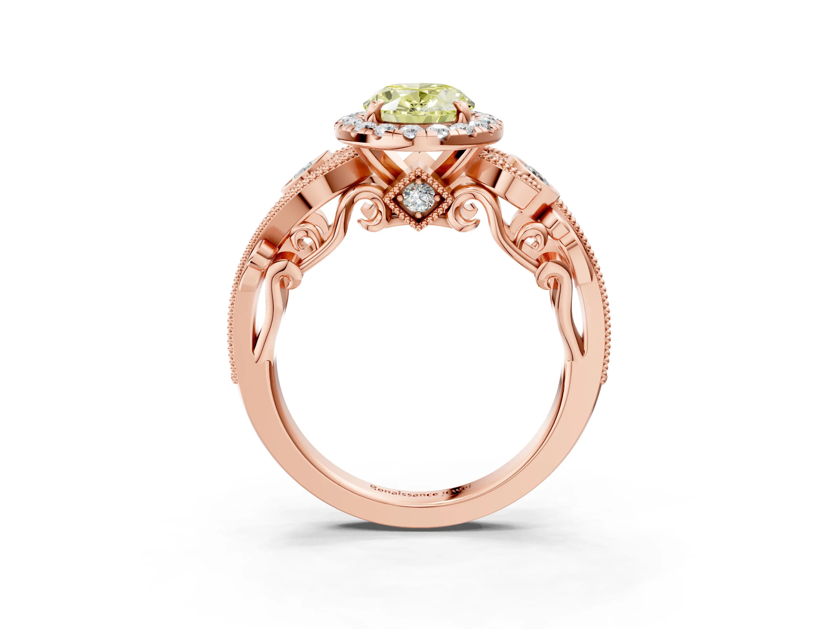 Rose gold Fancy Yellow Oval Cut Halo Diamond Ring with Milgrain and Bezel Accents on a Split Shank Band_3