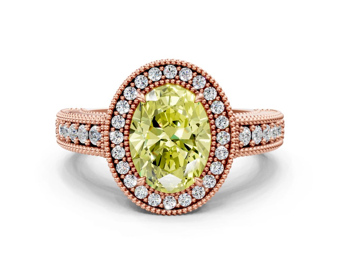 Rose gold Fancy Yellow Oval  Cut Halo Diamond Ring with Pavé Band and Four-Prong Setting_69