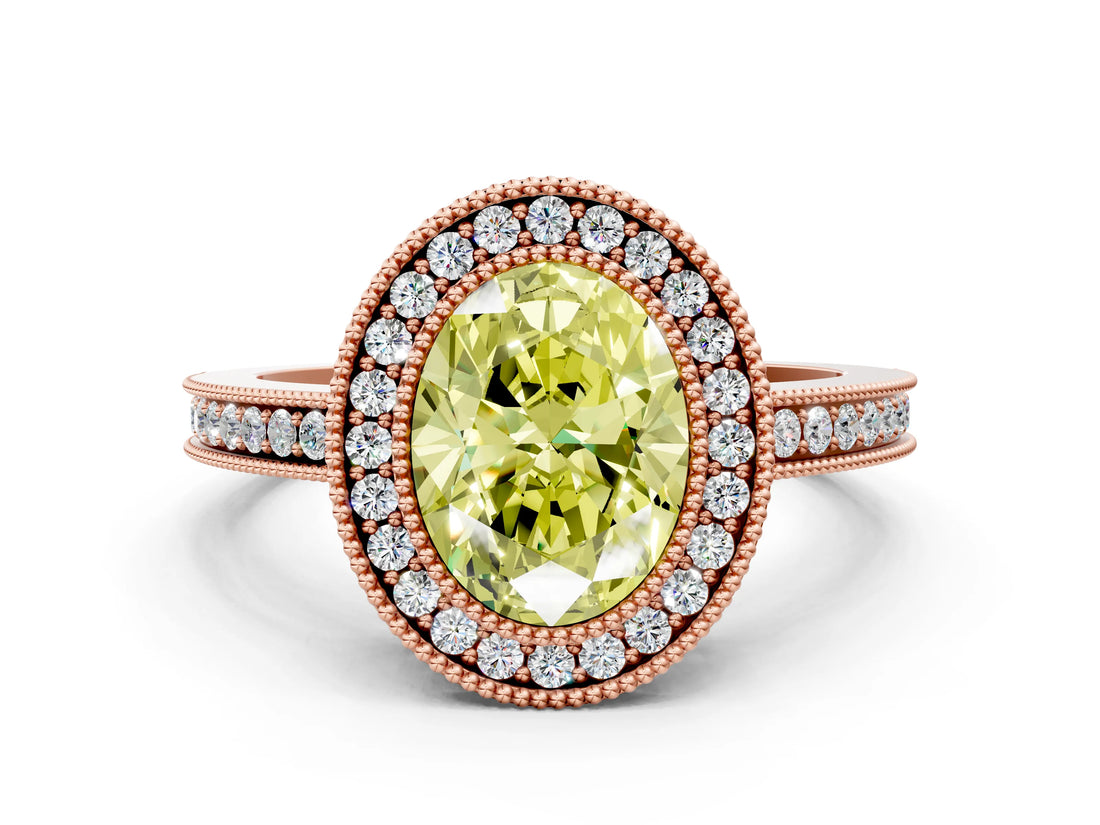 Rose gold Fancy Yellow Oval  Cut Halo Diamond Ring with Pavé Band and Milgrain Prong Setting_32