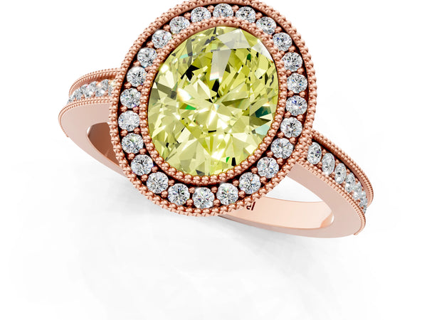 Rose gold Fancy Yellow Oval  Cut Halo Diamond Ring with Pavé Band and Milgrain Prong Setting