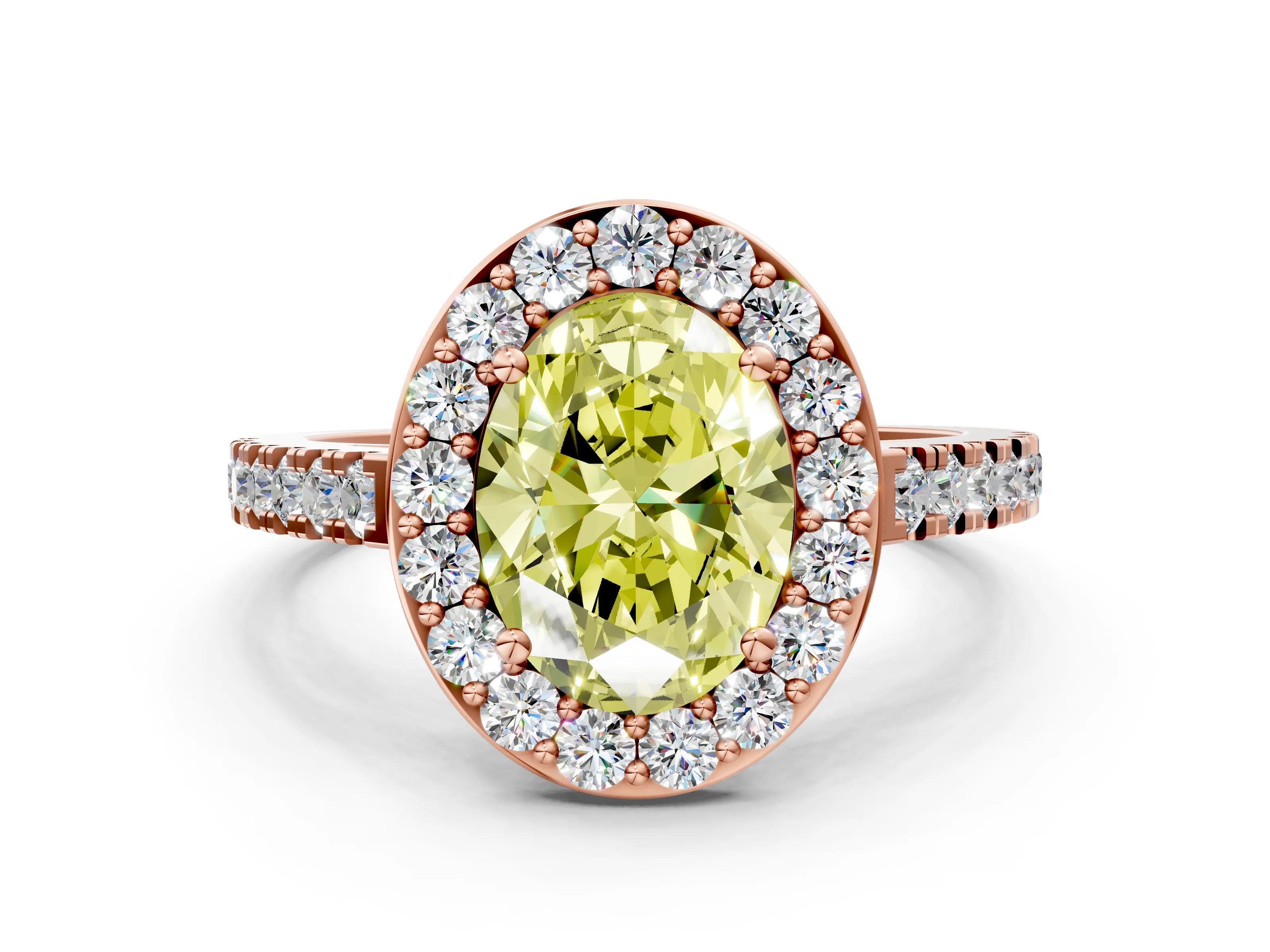 Rose gold Fancy Yellow Oval Cut Halo Diamond Ring with Pavé Band and Three-Prong Setting