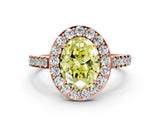 Rose gold Fancy Yellow Oval Cut Halo Diamond Ring with Pavé Band and Three-Prong Setting
