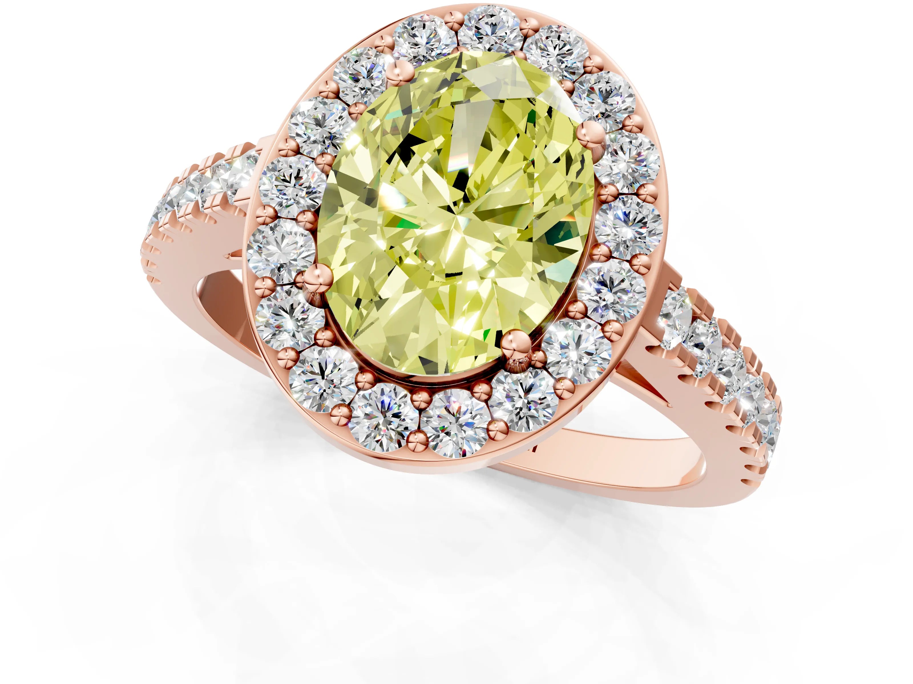 Rose gold Fancy Yellow Oval Cut Halo Diamond Ring with Pavé Band and Three-Prong Setting_1