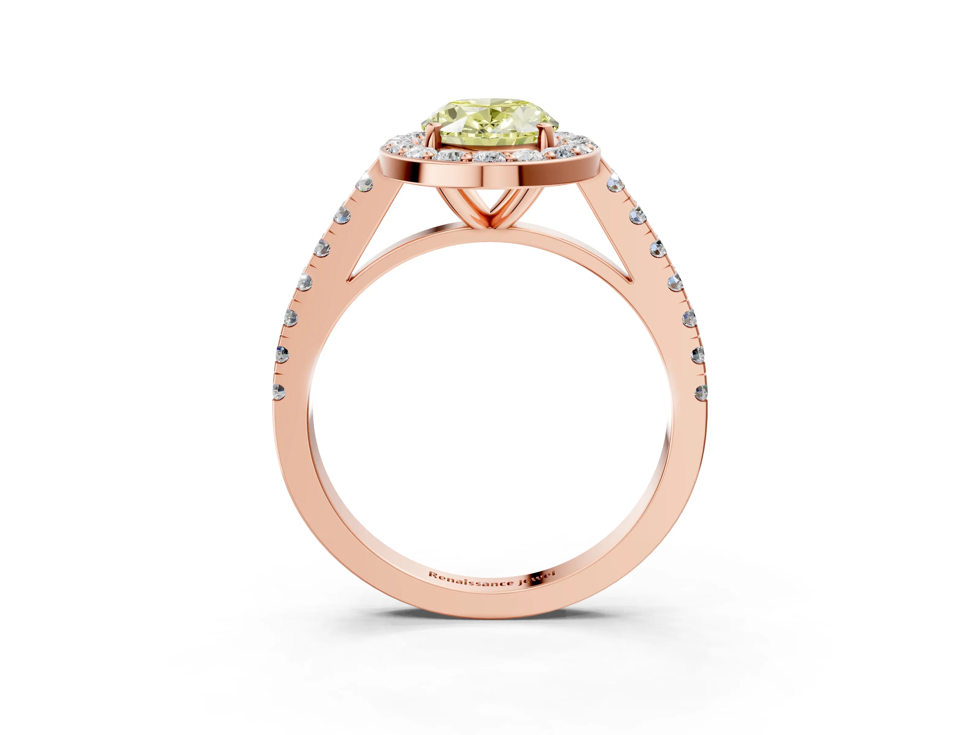 Rose gold Fancy Yellow Oval Cut Halo Diamond Ring with Pavé Band and Three-Prong Setting_3