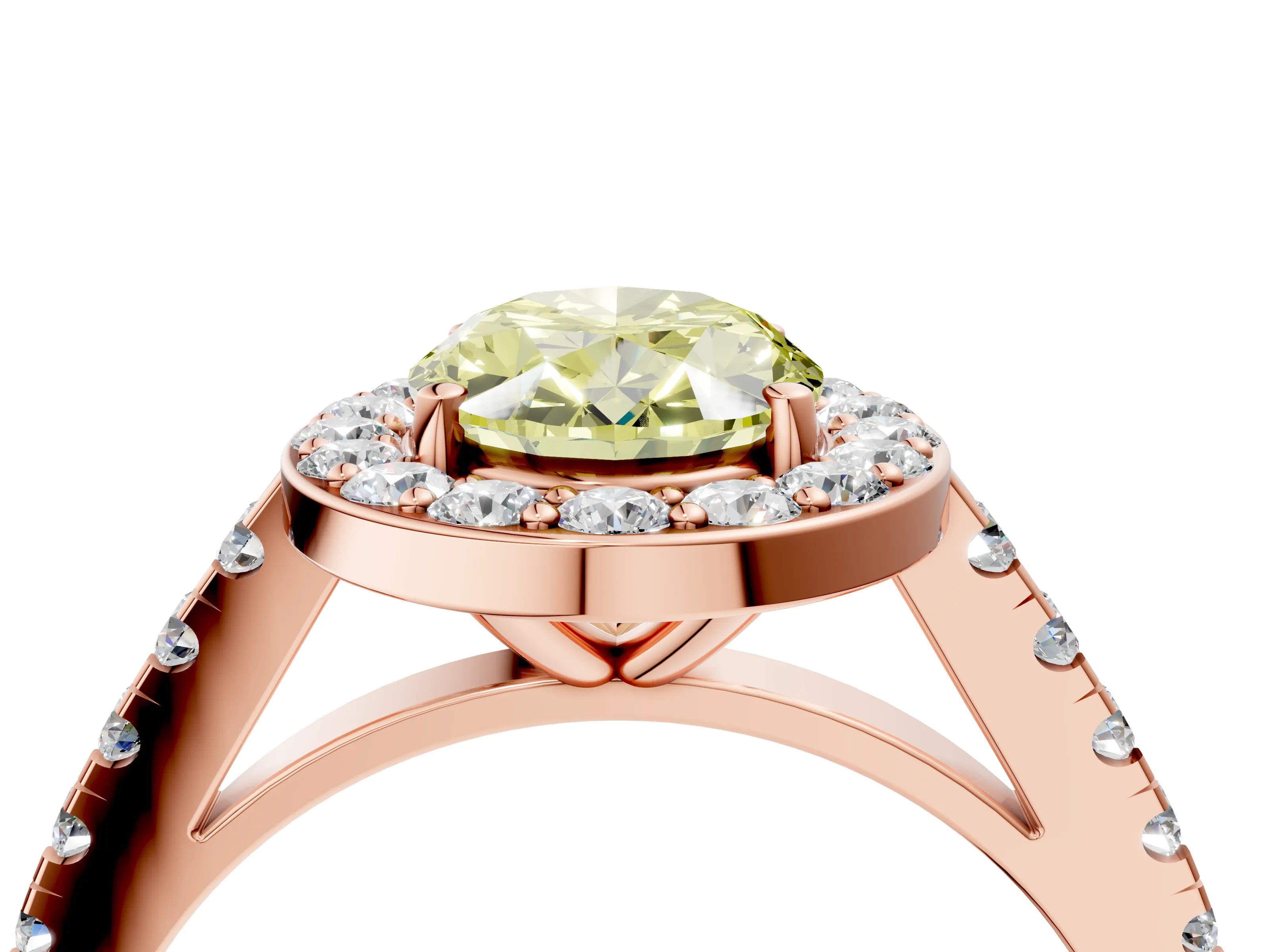 Rose gold Fancy Yellow Oval Cut Halo Diamond Ring with Pavé Band and Three-Prong Setting_4