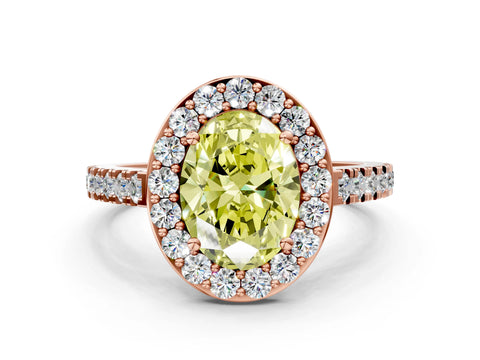 Rose gold Fancy Yellow Oval Cut Halo Diamond Ring with Pavé Band and Three-Prong Setting
