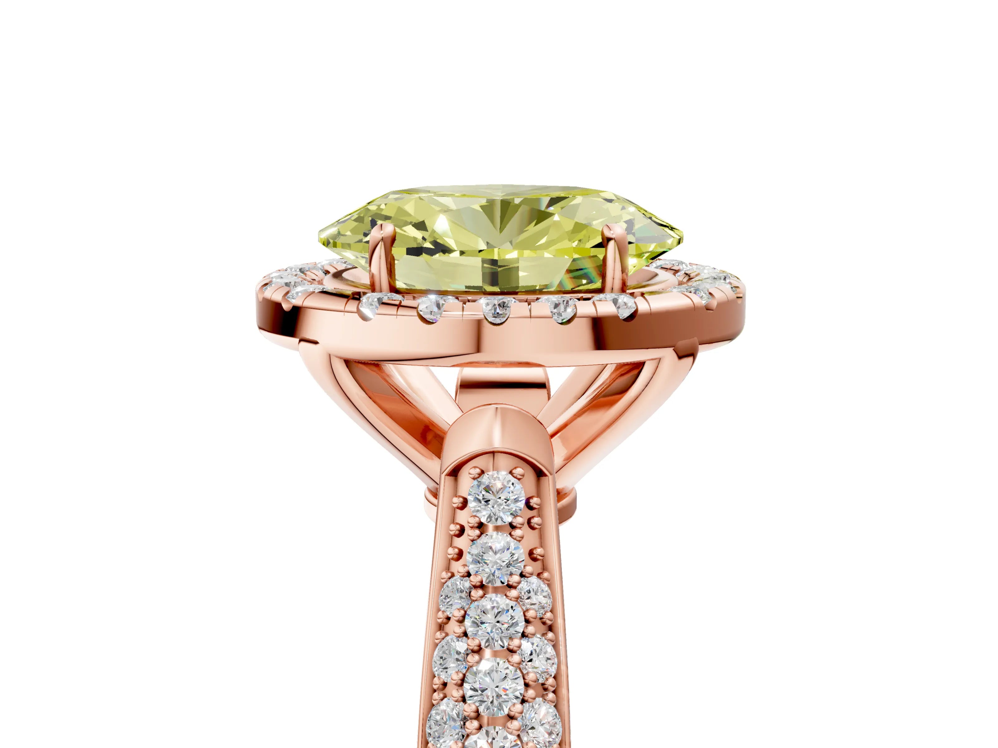 Rose gold Fancy Yellow Oval Cut Halo Diamond Ring with Pavé Band_5