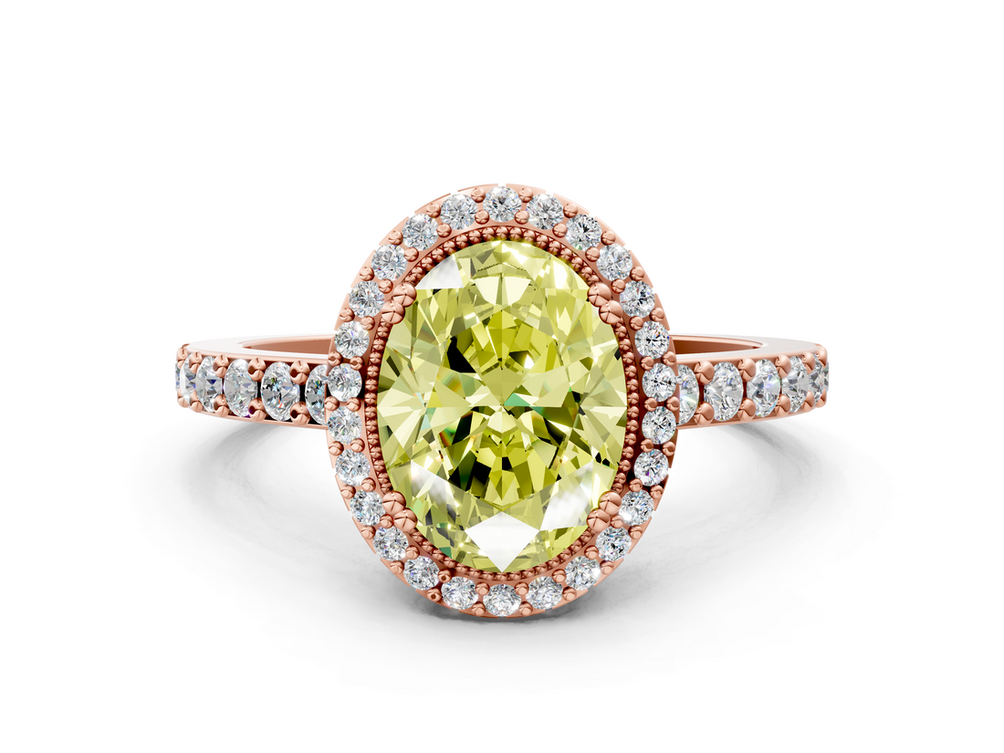 Rose gold Fancy Yellow Oval  Cut Halo Diamond Ring with Pave Band and Four-Prong Setting_24