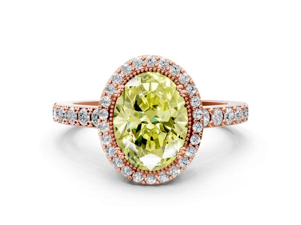 Rose gold Fancy Yellow Oval  Cut Diamond Halo Engagement Ring with Milgrain Detail and Pavé Band