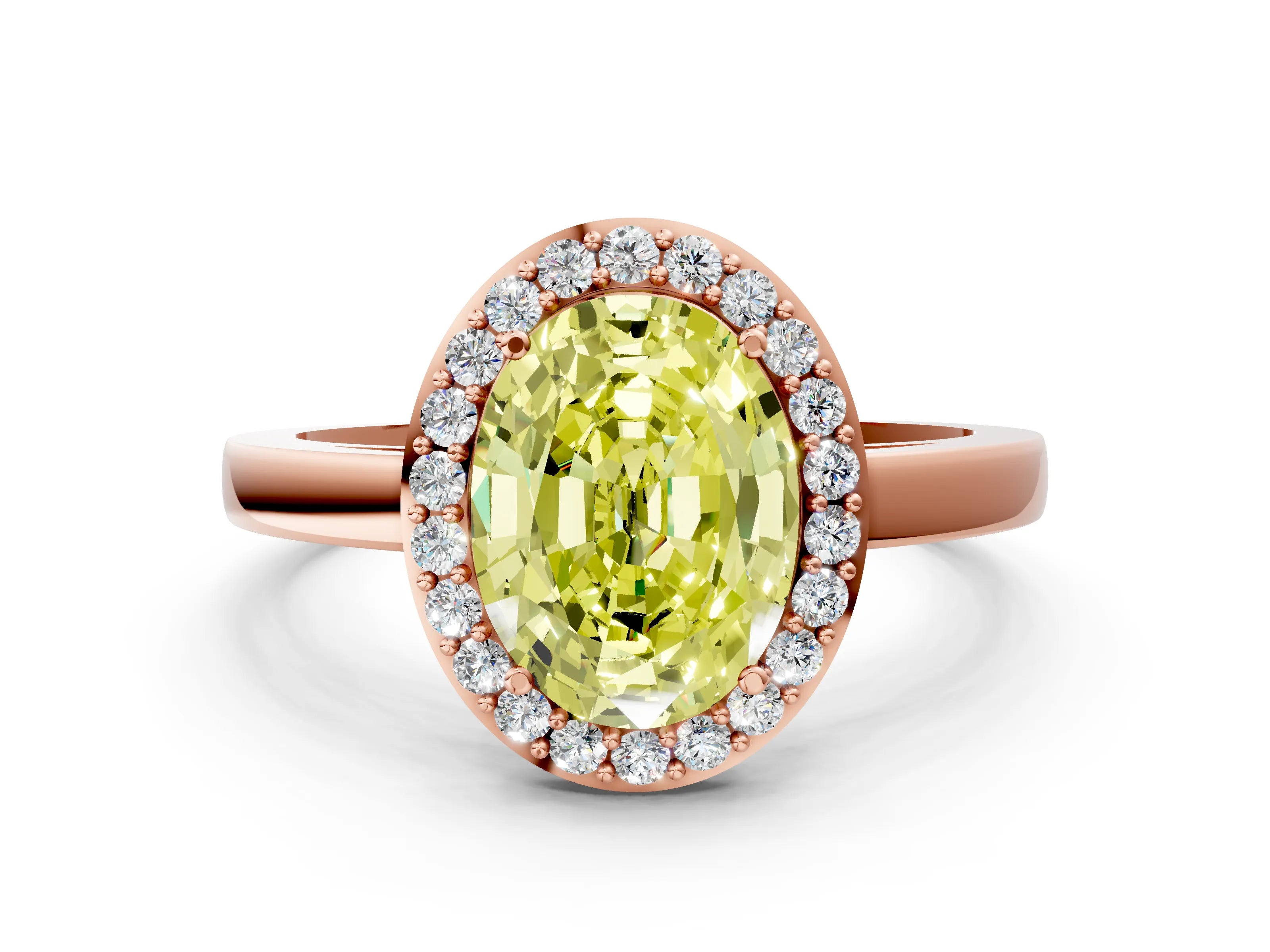 Rose gold Fancy Yellow Oval Cut Halo Diamond Ring with Solitaire Band and Prong Setting