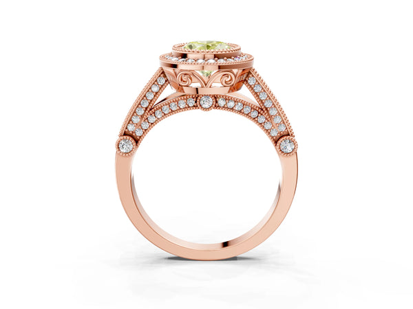 Rose Gold Oval Vintage Bezel Halo Engagement Ring Setting for Fancy Yellow Center