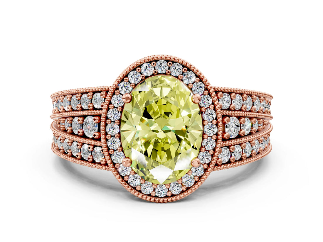 Rose gold Fancy Yellow Oval Cut Halo Diamond Split Shank Ring with Prong Setting