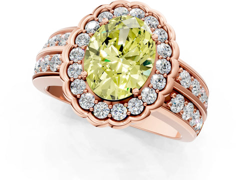 Rose gold Fancy Yellow Oval Cut Halo Diamond Split Shank Ring with Scalloped Prong Setting_1
