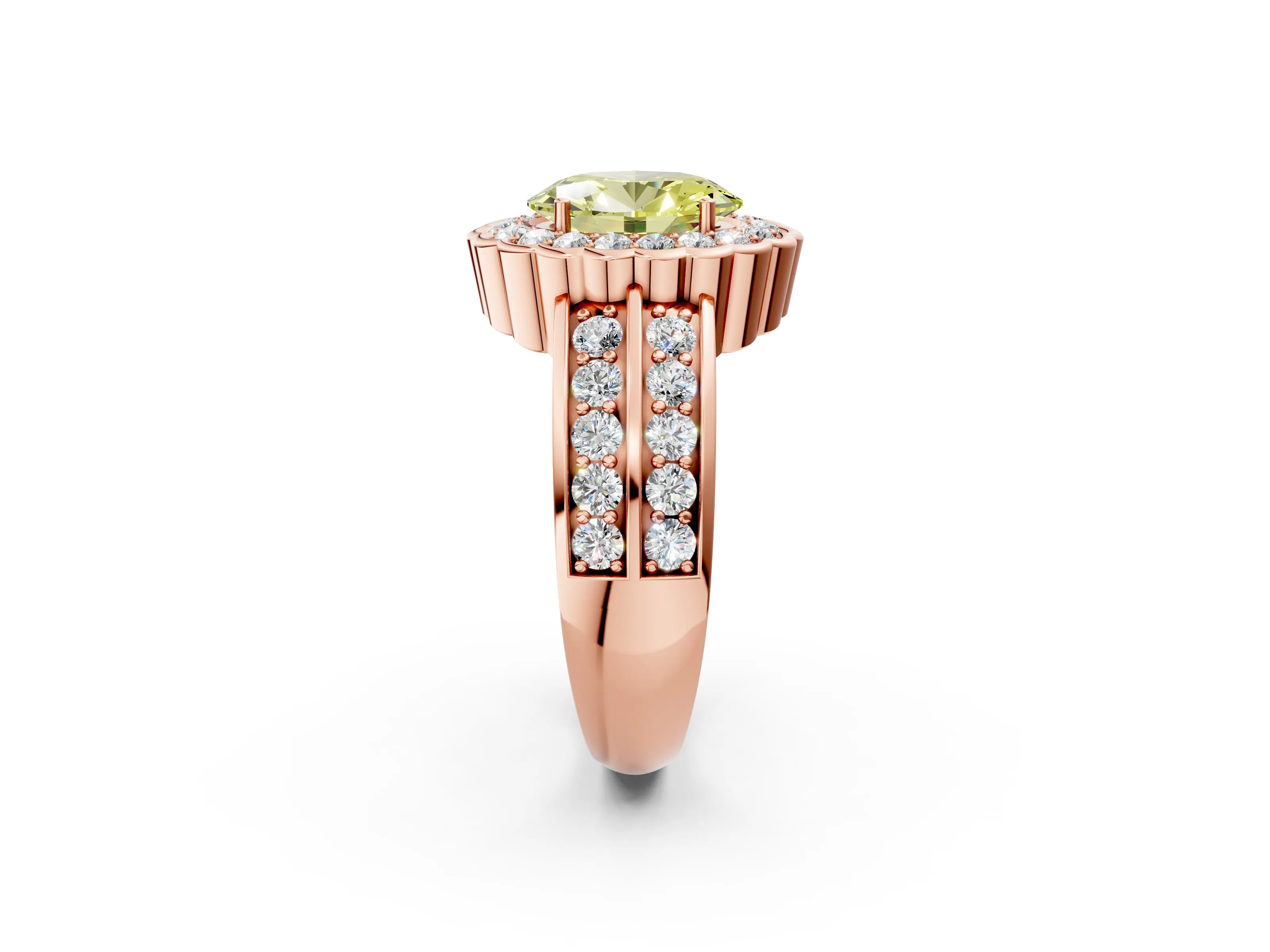 Rose gold Fancy Yellow Oval Cut Halo Diamond Split Shank Ring with Scalloped Prong Setting_2