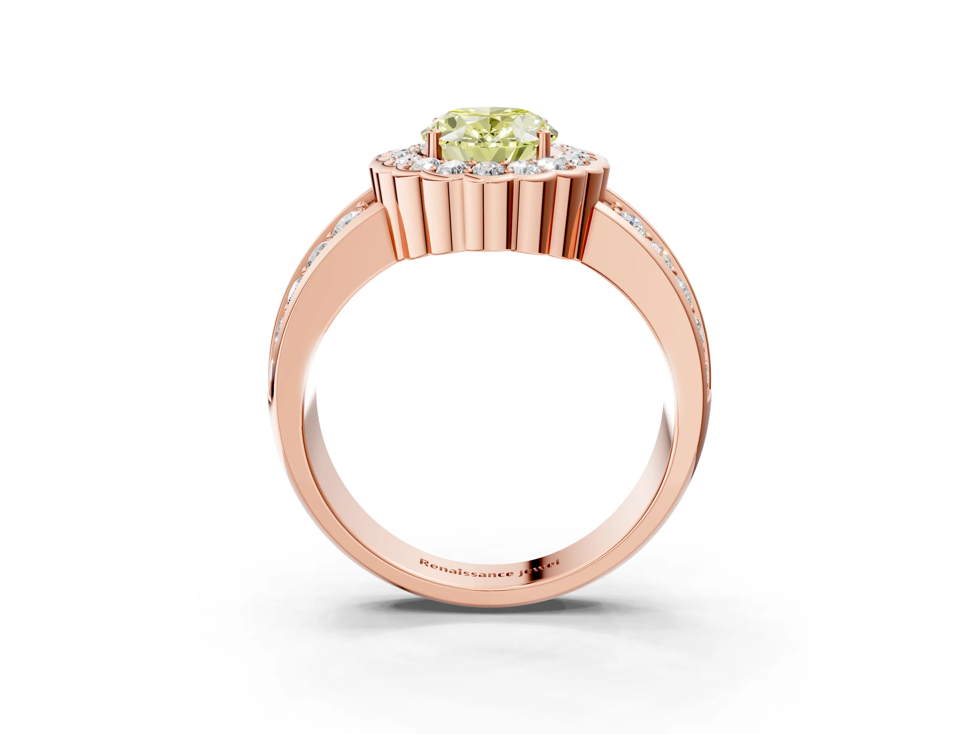 Rose gold Fancy Yellow Oval Cut Halo Diamond Split Shank Ring with Scalloped Prong Setting_3