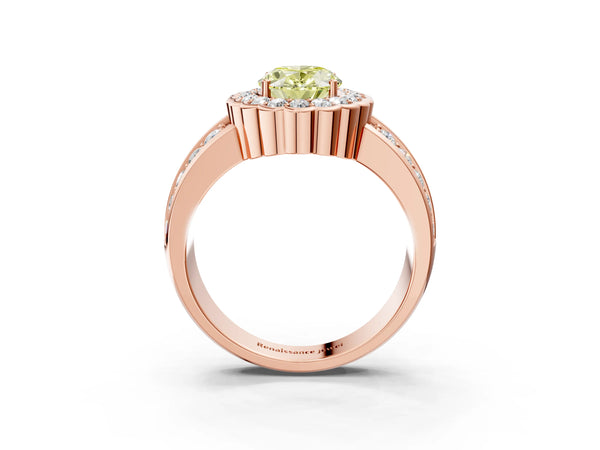 Rose gold Fancy Yellow Oval Cut Halo Diamond Split Shank Ring with Scalloped Prong Setting