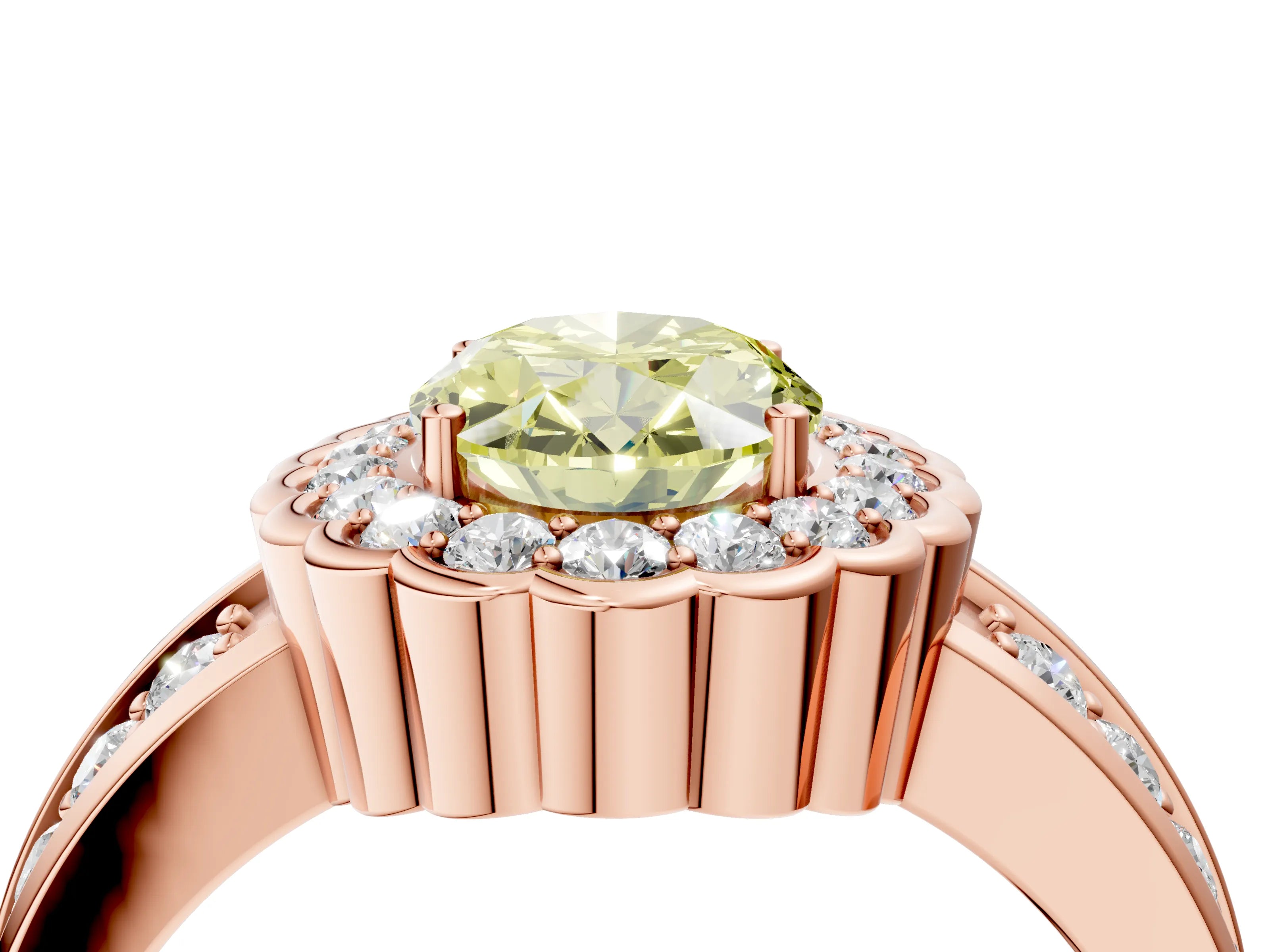 Rose gold Fancy Yellow Oval Cut Halo Diamond Split Shank Ring with Scalloped Prong Setting_4