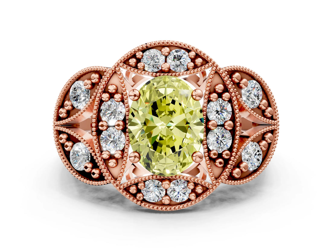 Rose gold Fancy Yellow Oval Cut Halo Milgrain Diamond Engagement Ring with Leaf Band and Four-Prong Setting
