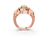 Rose gold Fancy Yellow Oval Cut Halo Milgrain Diamond Engagement Ring with Leaf Band and Four-Prong Setting_3