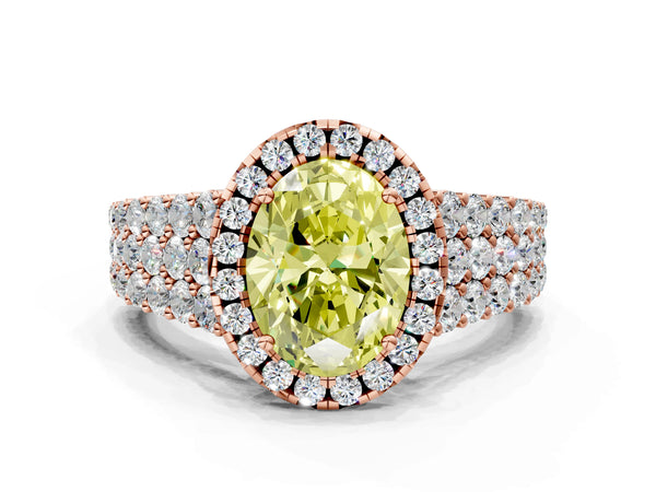 Rose gold Fancy Yellow Oval Cut Halo Pavé Diamond Engagement Ring with Split Shank and Four-Prong Setting