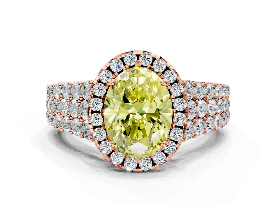 Rose gold Fancy Yellow Oval Cut Halo Pavé Diamond Engagement Ring with Split Shank and Four-Prong Setting