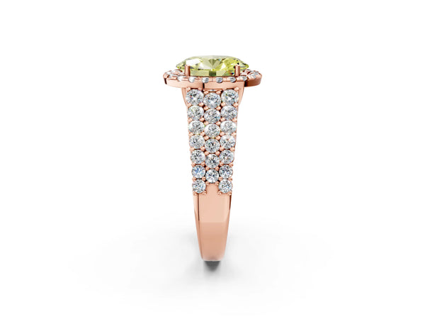 Rose gold Fancy Yellow Oval Cut Halo Pavé Diamond Engagement Ring with Split Shank and Four-Prong Setting