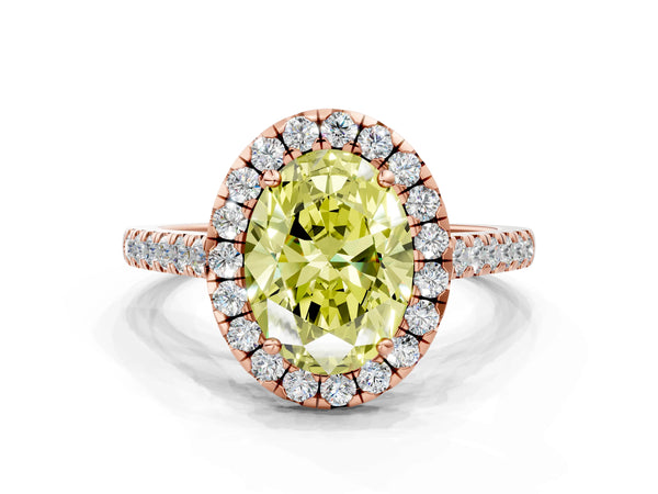 Rose gold Fancy Yellow Oval Cut Halo Pave Diamond Engagement Ring with Four-Prong Setting