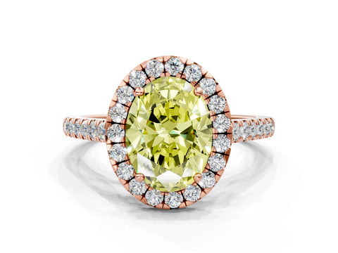 Rose gold Fancy Yellow Oval Cut Halo Pave Diamond Engagement Ring with Four-Prong Setting