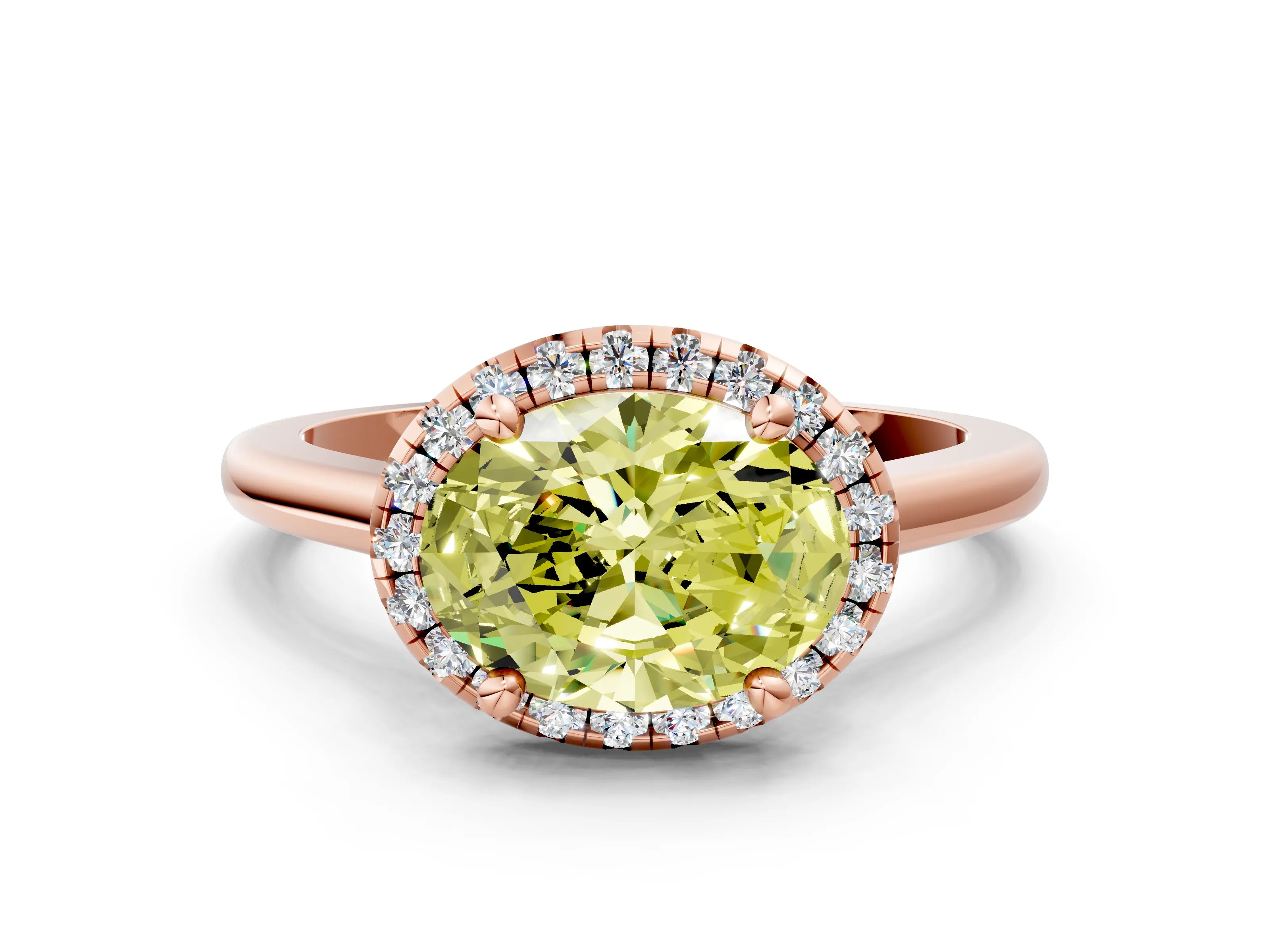 Rose gold Fancy Yellow Oval Cut Halo Round Diamond Solitaire Engagement Ring with Pave Band and Four-Prong Setting_12