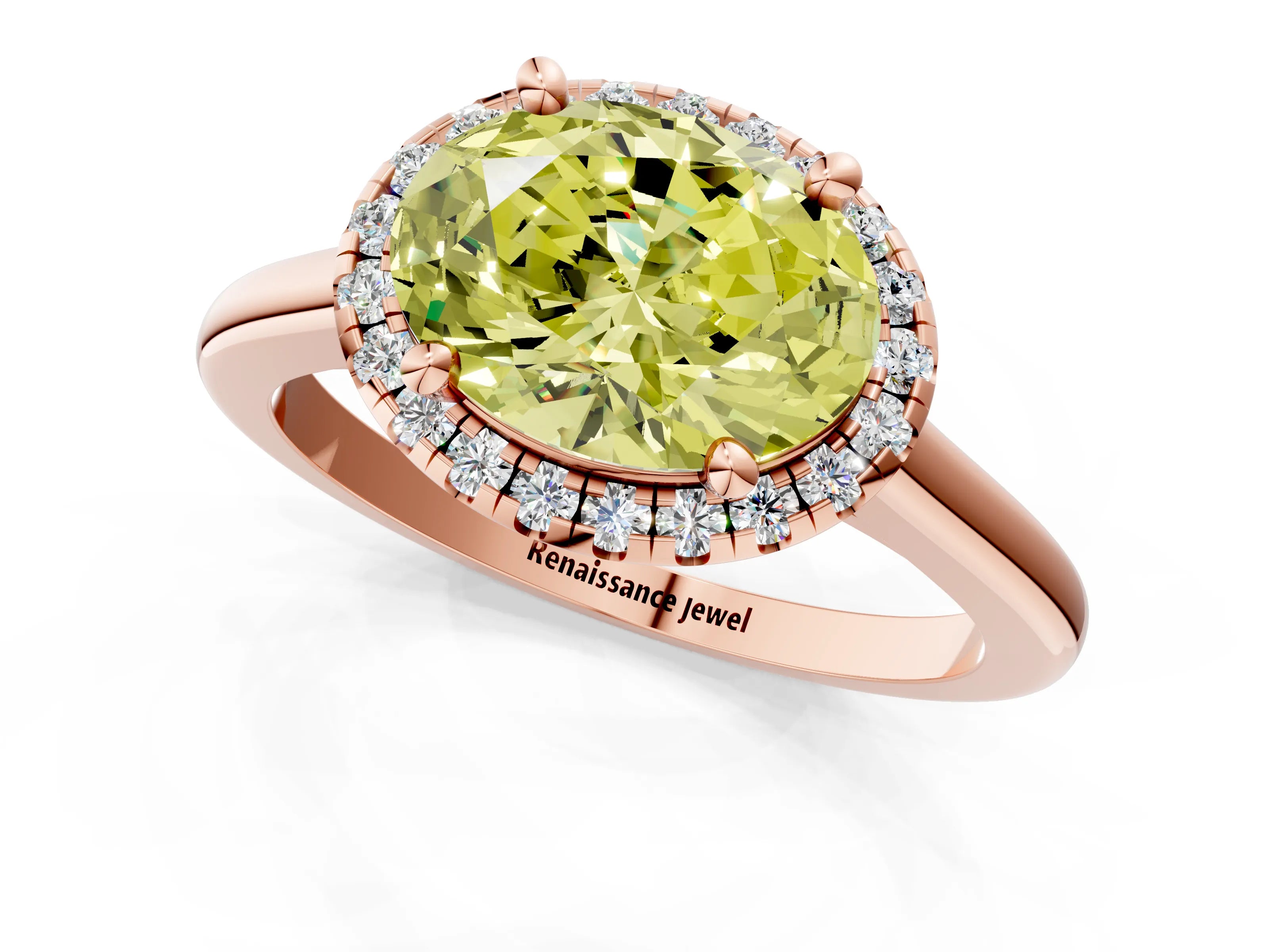 Rose gold Fancy Yellow Oval Cut Halo Round Diamond Solitaire Engagement Ring with Pave Band and Four-Prong Setting_13