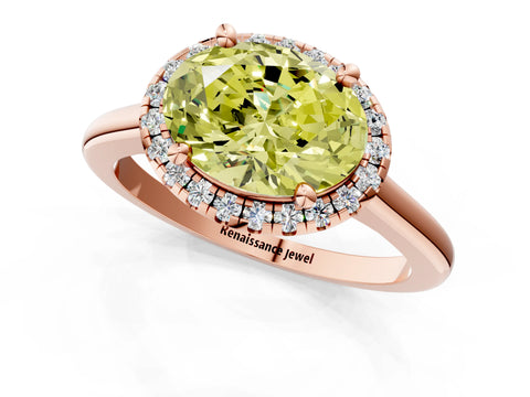 Rose gold Fancy Yellow Oval Cut Halo Round Diamond Solitaire Engagement Ring with Pave Band and Four-Prong Setting_13