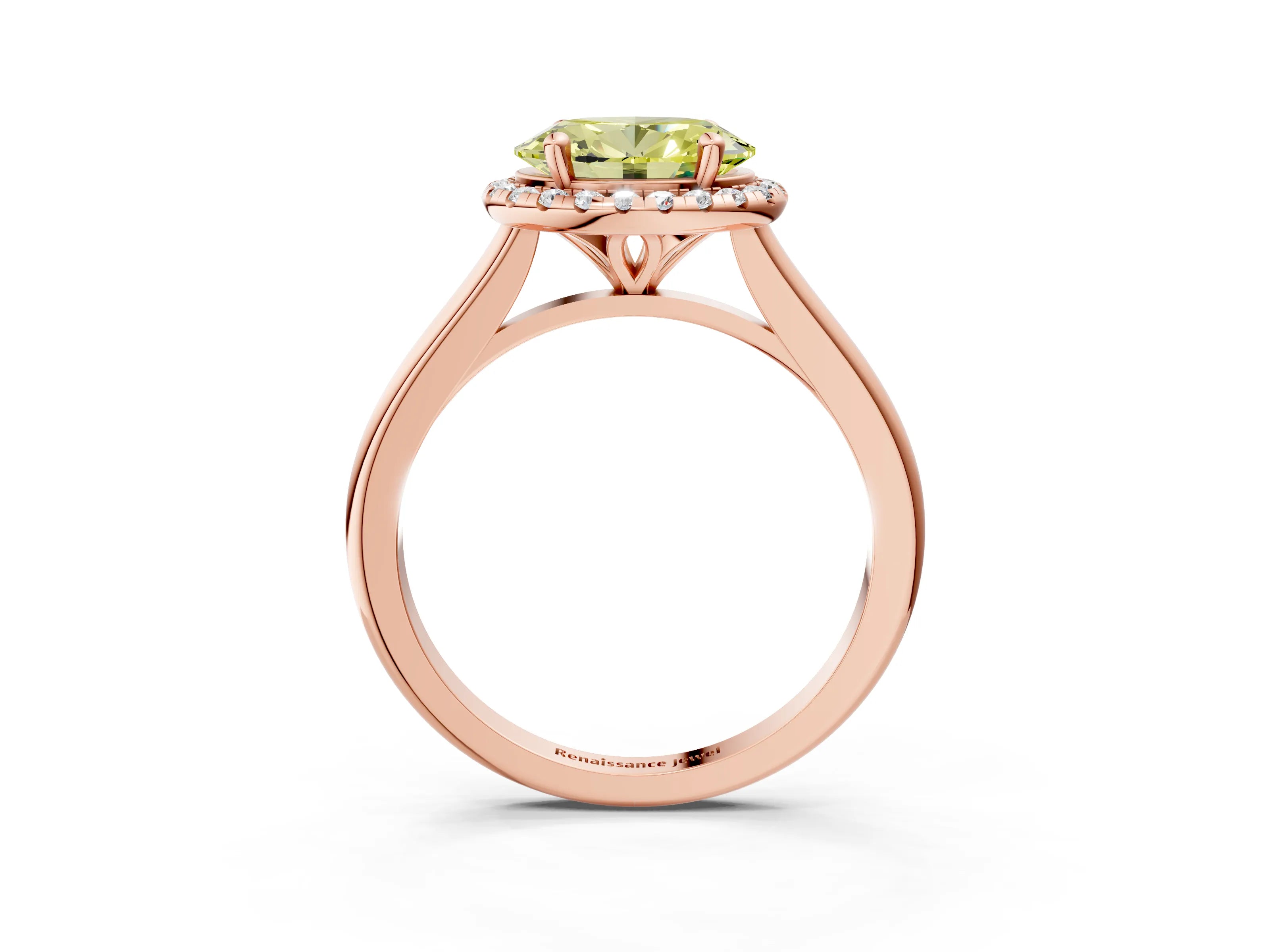 Rose gold Fancy Yellow Oval Cut Halo Round Diamond Solitaire Engagement Ring with Pave Band and Four-Prong Setting_15