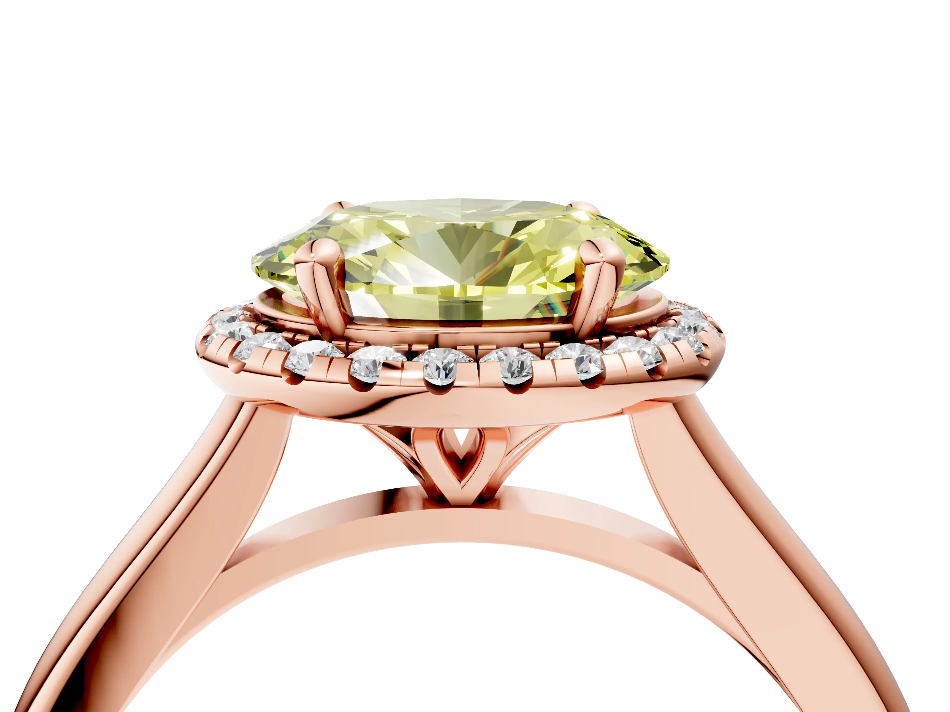 Rose gold Fancy Yellow Oval Cut Halo Round Diamond Solitaire Engagement Ring with Pave Band and Four-Prong Setting_16