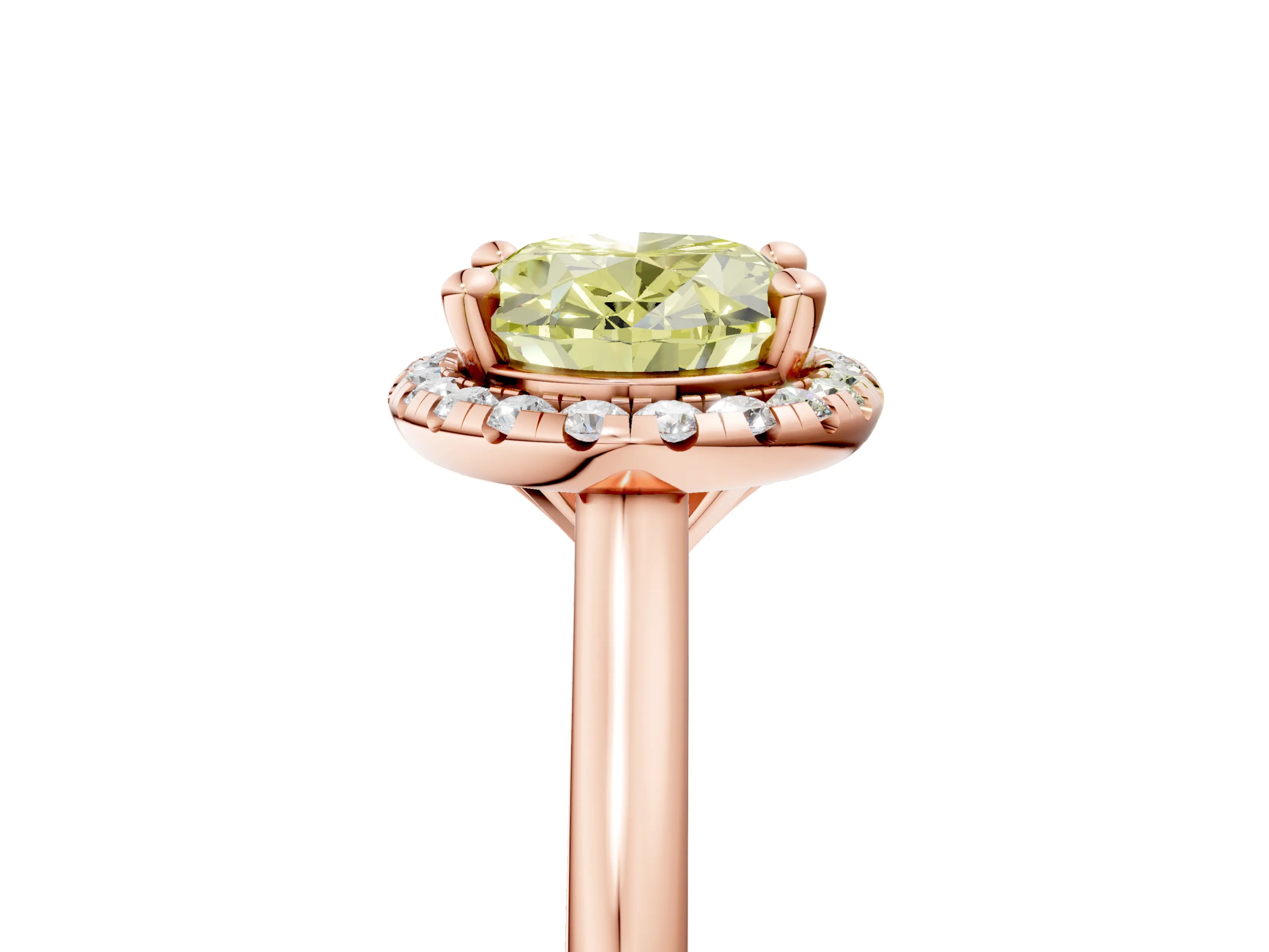 Rose gold Fancy Yellow Oval Cut Halo Round Diamond Solitaire Engagement Ring with Pave Band and Four-Prong Setting_17