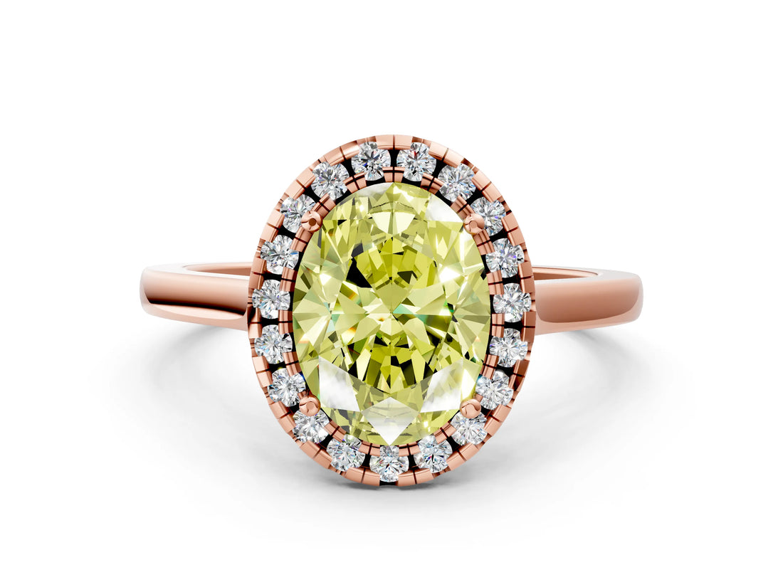Rose gold Fancy Yellow Oval Cut Halo Round Diamond Solitaire Ring with Pavé Band and Four-Prong Setting