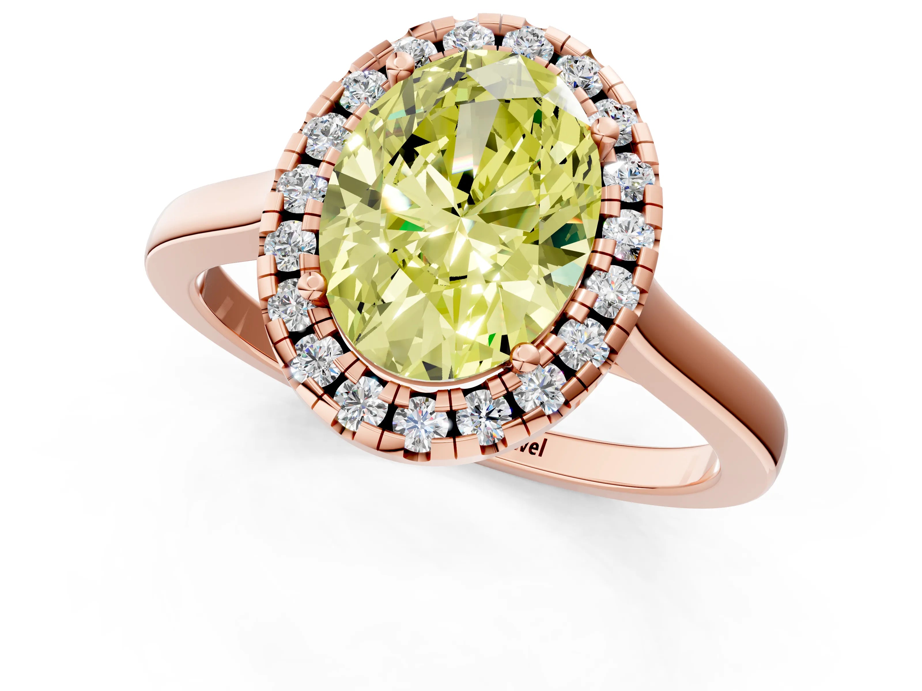 Rose gold Fancy Yellow Oval Cut Halo Round Diamond Solitaire Ring with Pavé Band and Four-Prong Setting_1