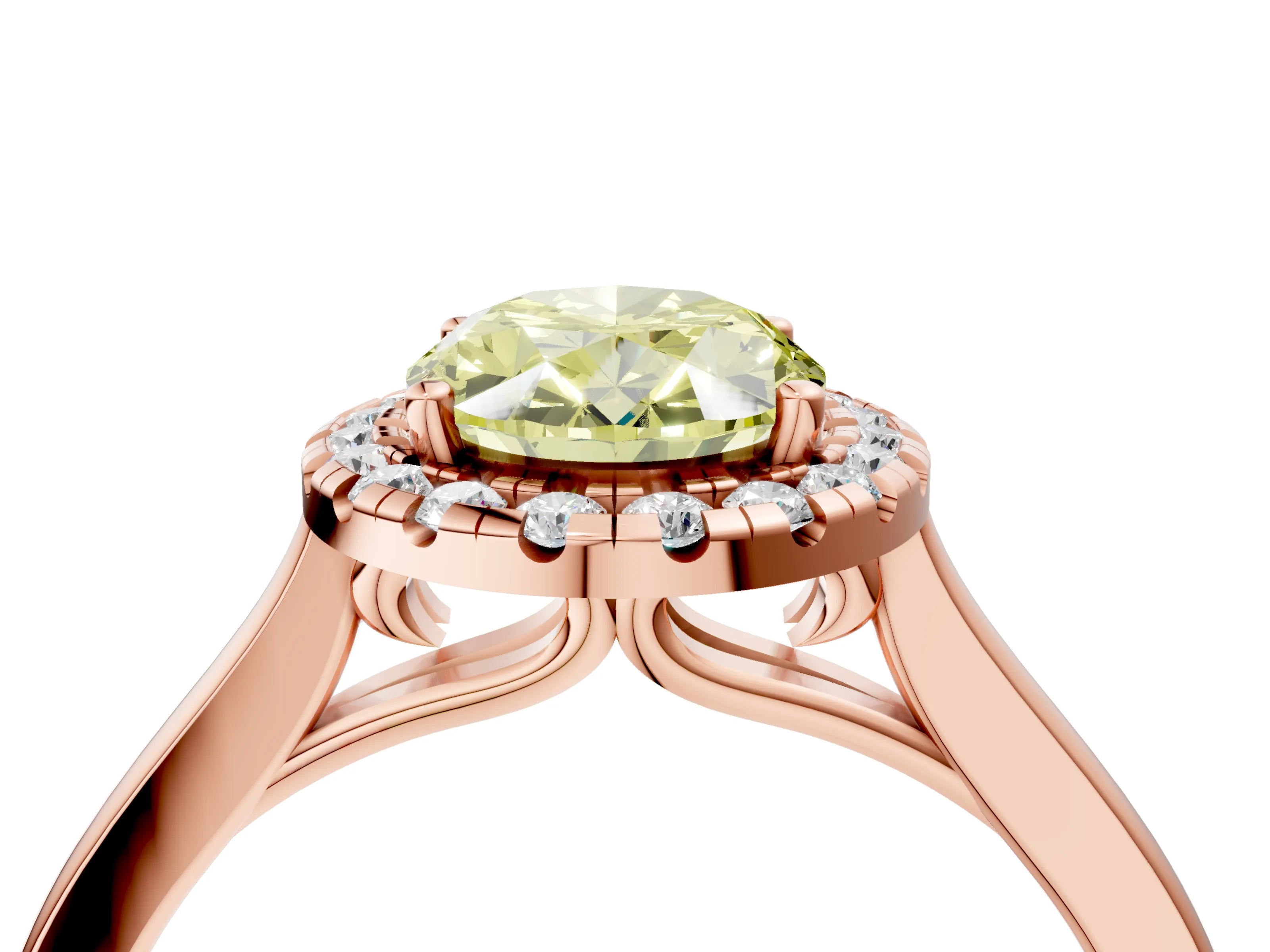 Rose gold Fancy Yellow Oval Cut Halo Round Diamond Solitaire Ring with Pavé Band and Four-Prong Setting_4