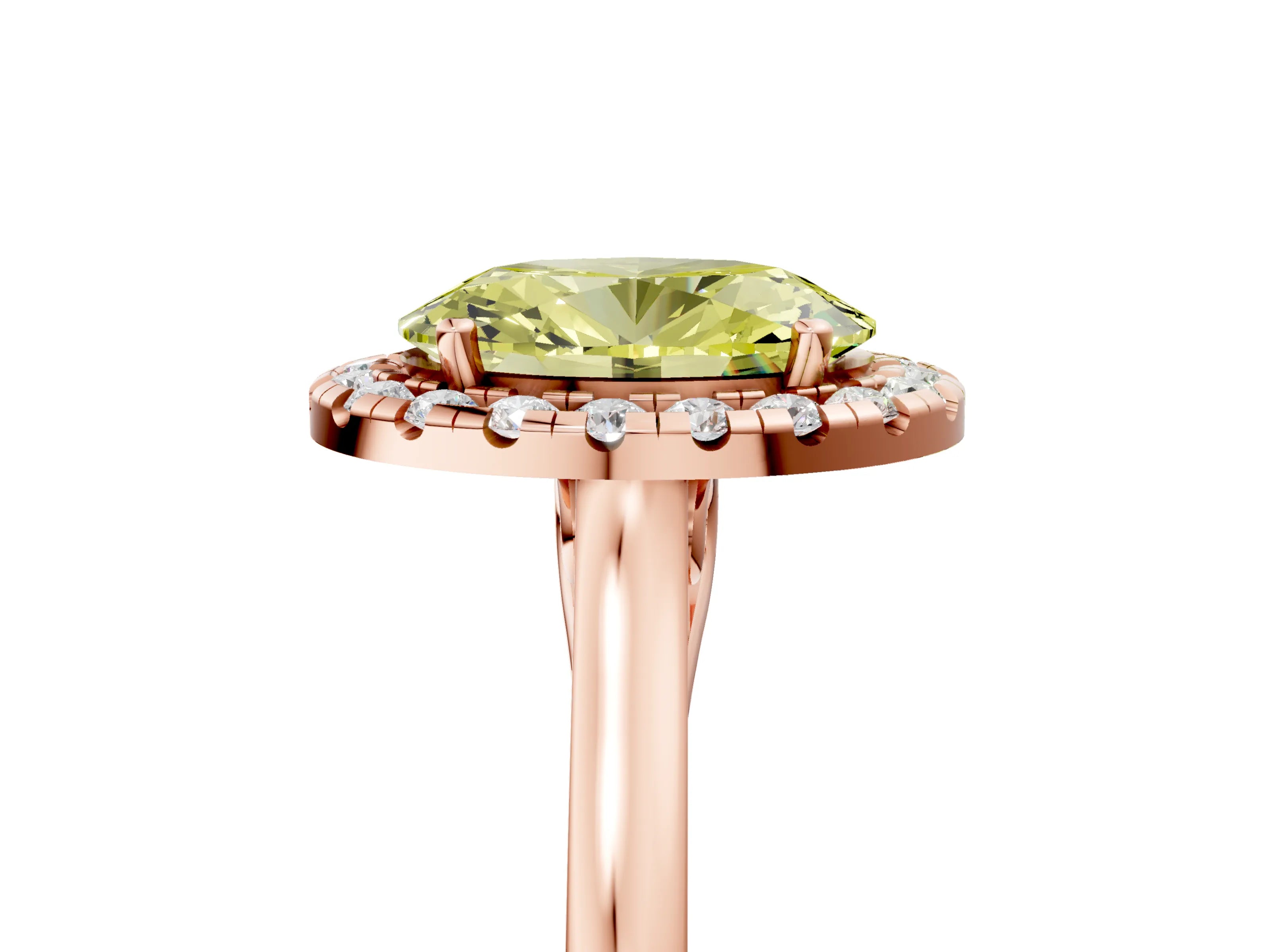 Rose gold Fancy Yellow Oval Cut Halo Round Diamond Solitaire Ring with Pavé Band and Four-Prong Setting_5