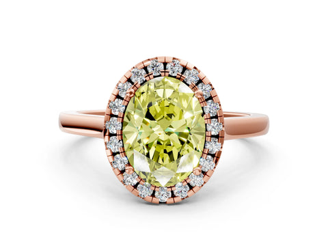Rose gold Fancy Yellow Oval Cut Halo Round Diamond Solitaire Ring with Pavé Band and Four-Prong Setting
