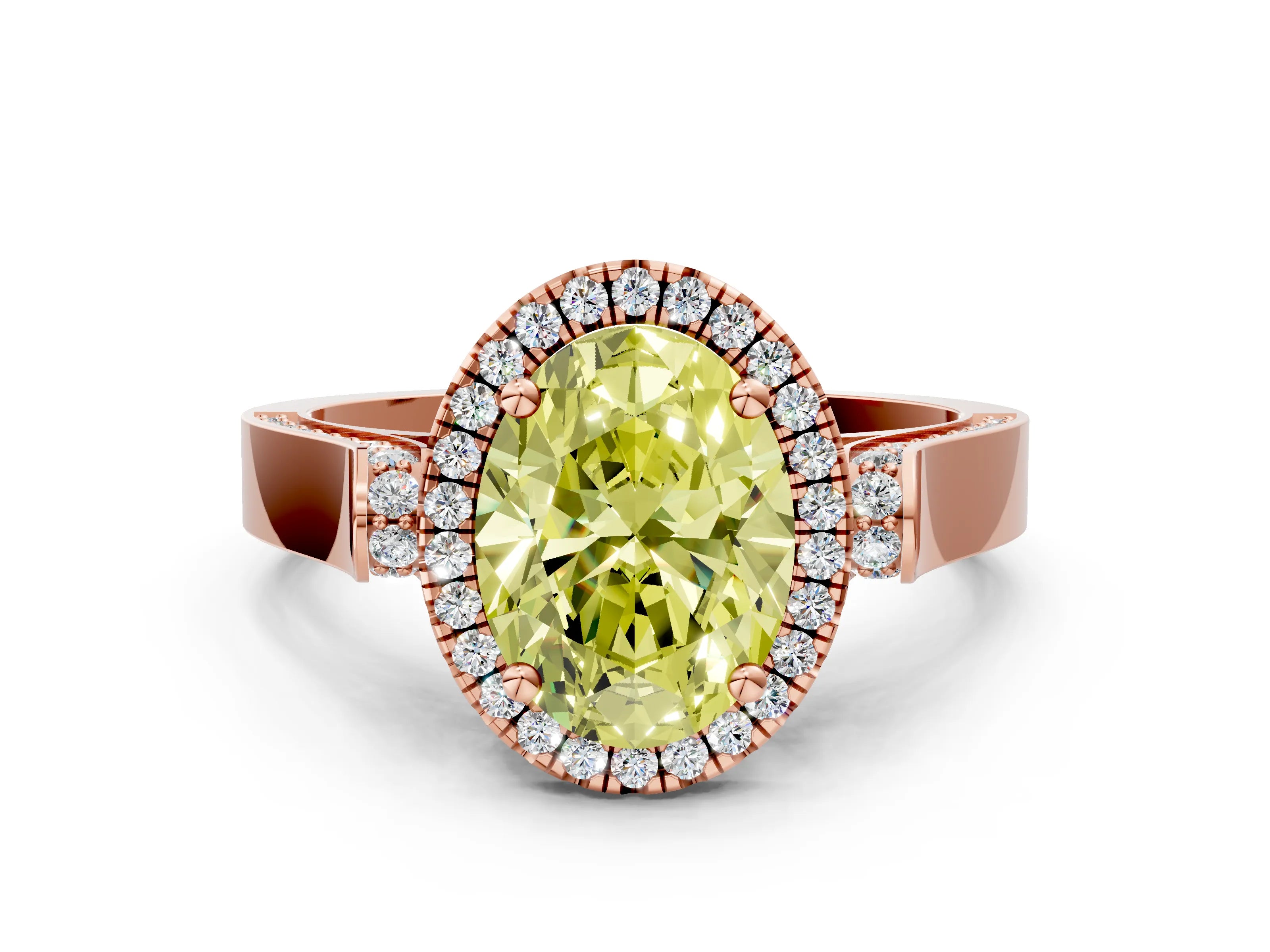 Rose gold Fancy Yellow Oval Cut Halo Round Diamond Twist Band with Four-Prong Setting