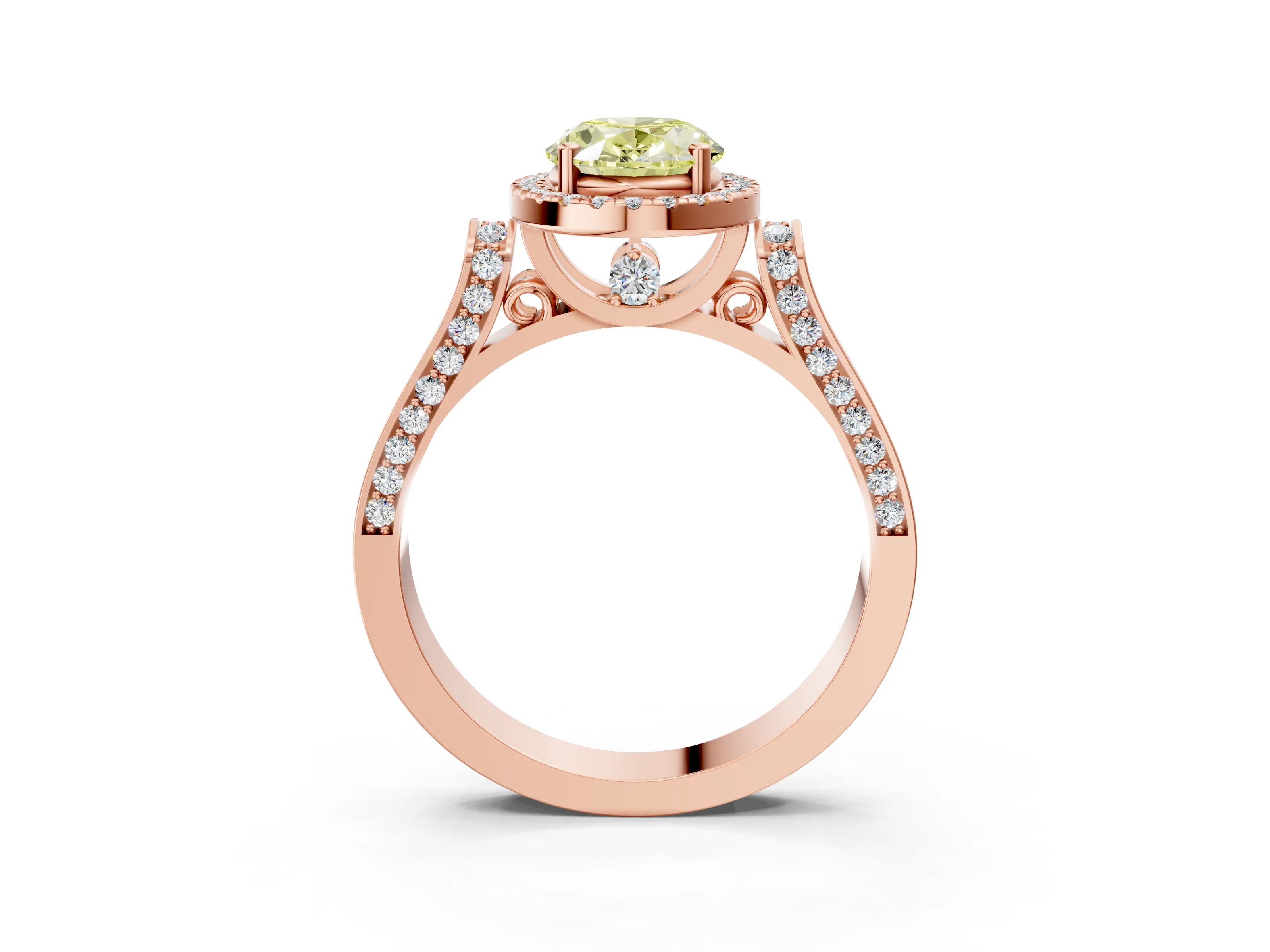 Rose gold Fancy Yellow Oval Cut Halo Round Diamond Twist Band with Four-Prong Setting_3