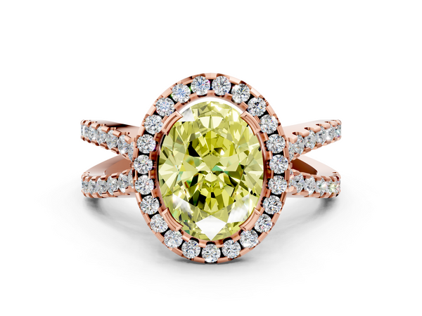Rose gold Fancy Yellow Oval Cut Diamond Halo Ring with Split Shank Pavé Band and Prong Setting