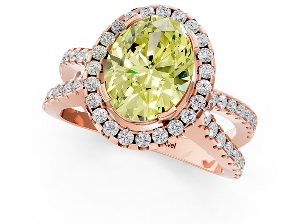 Rose gold Fancy Yellow Oval Cut Diamond Halo Ring with Split Shank Pavé Band and Prong Setting
