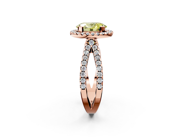 Rose gold Fancy Yellow Oval Cut Diamond Halo Ring with Split Shank Pavé Band and Prong Setting