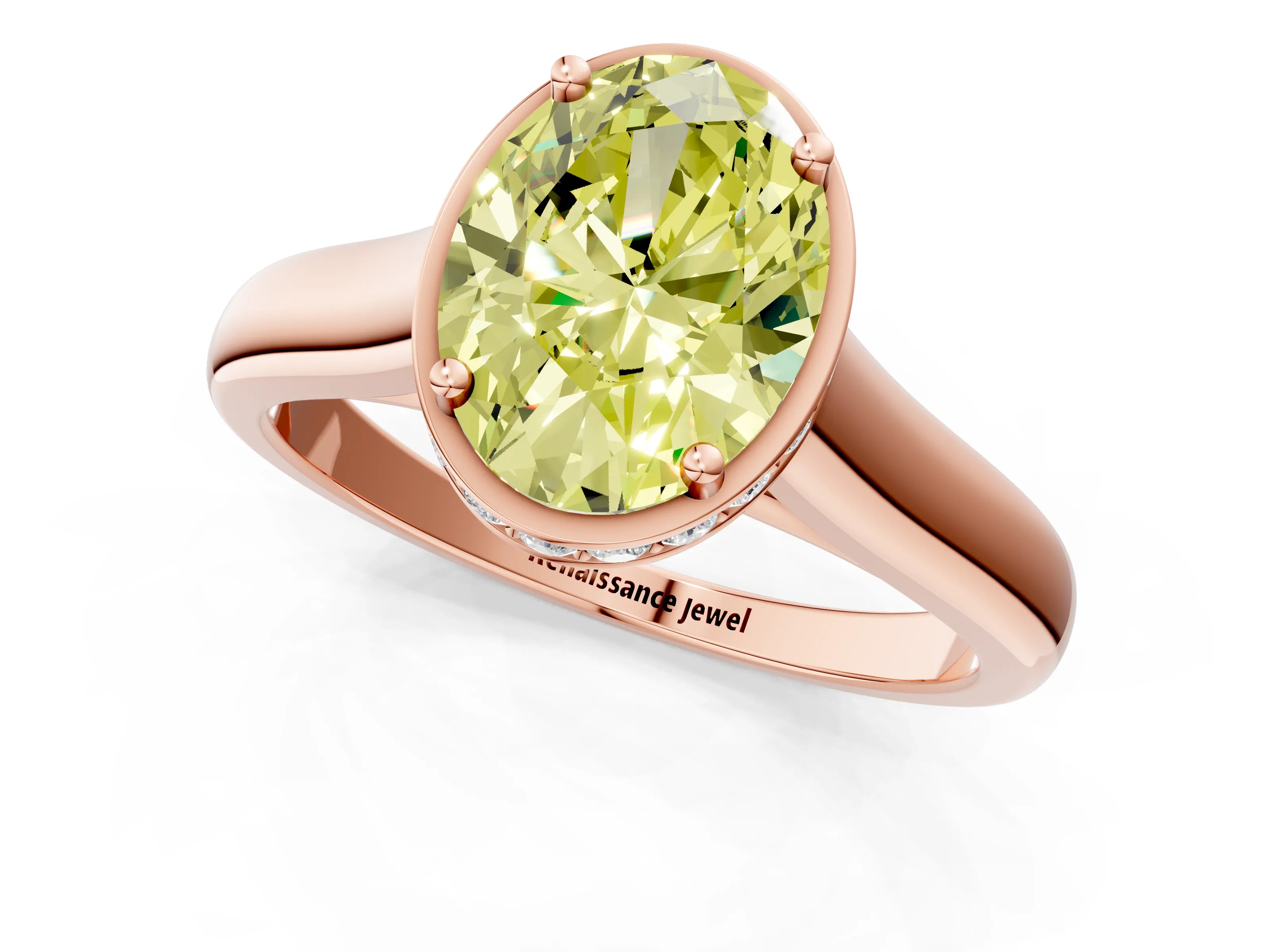 Rose gold Fancy Yellow Oval Cut Solitaire Diamond Engagement Ring with Four-Prong Setting and Tapered Band_1