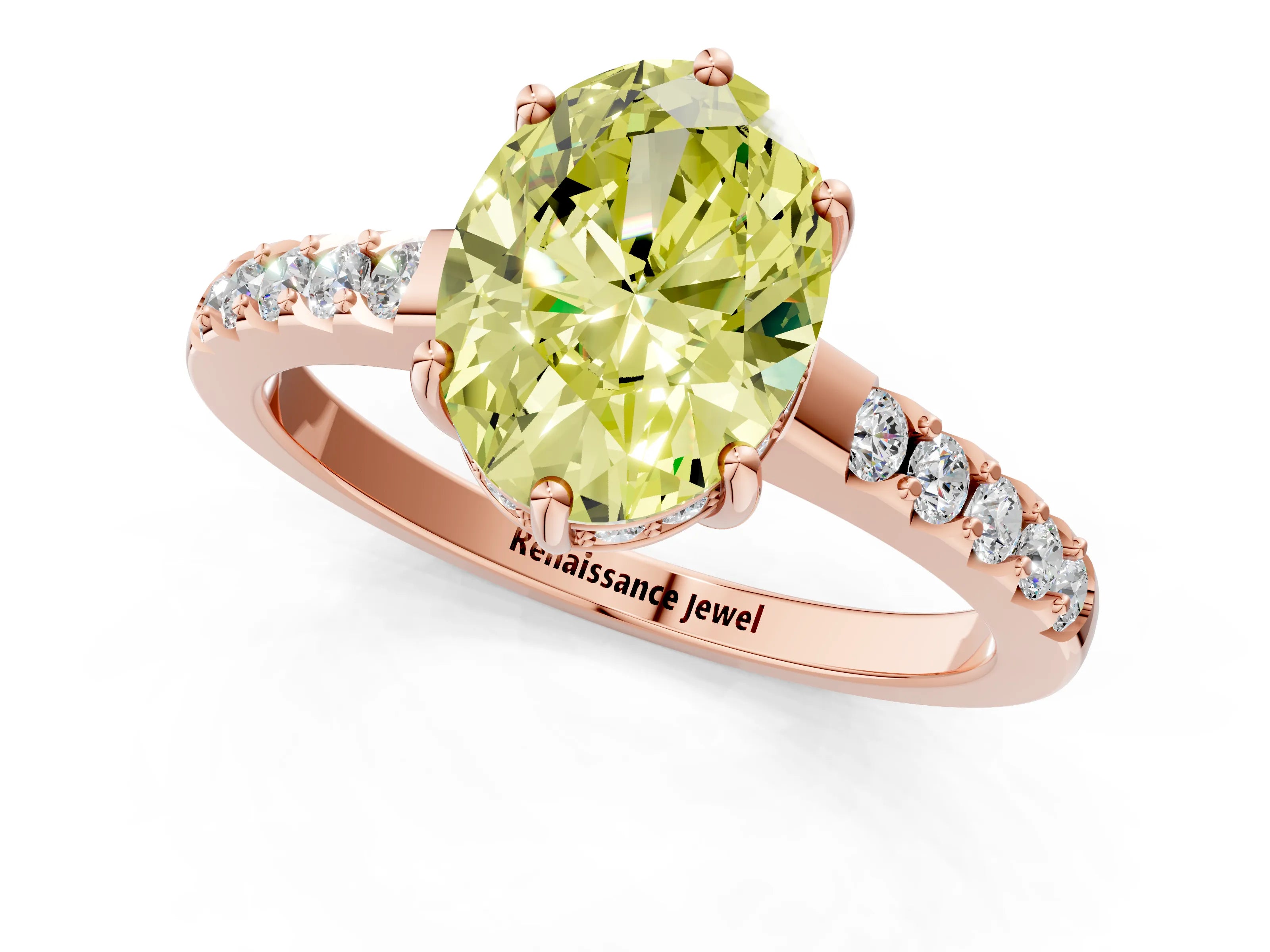 Rose gold Fancy Yellow Oval Cut Solitaire Diamond Engagement Ring with Pavé Band and Six-Prong Setting_13